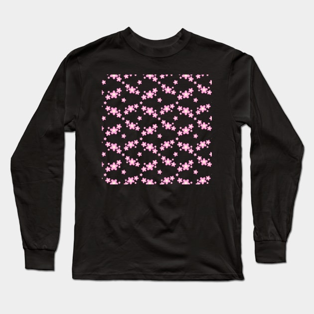 Cherry Blossom Sakura Flower Clusters Pattern in Black Background Long Sleeve T-Shirt by Kelly Gigi